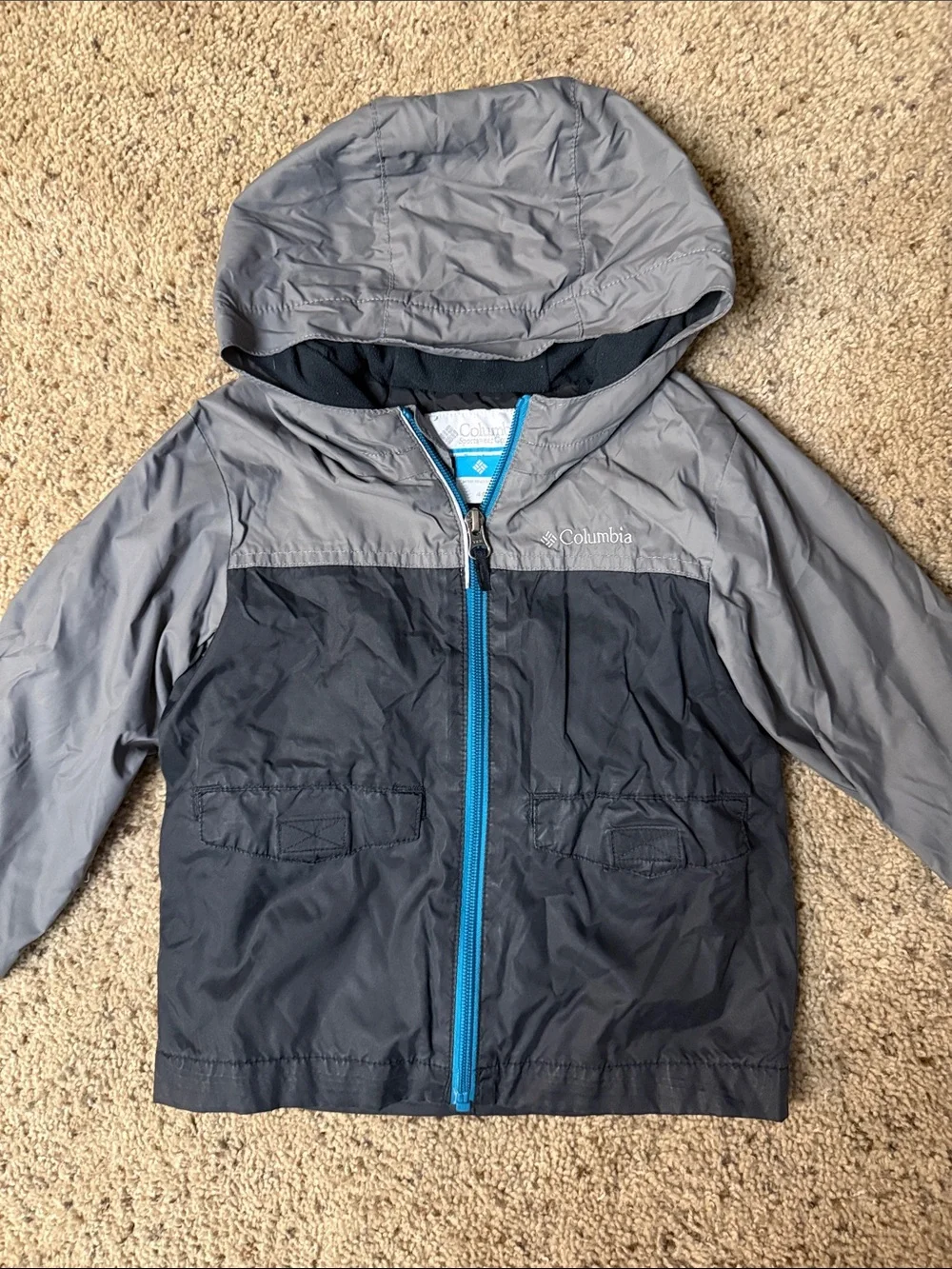 Columbia Kids Two-Tone Gray Hooded Rain Jacket with Blue Zipper